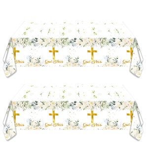 OULUN 2Pcs God Bless Party Tablecloth,First Communion Party Tablecloth42'' x 70'',for Newborn Baptism Church Party Decoration