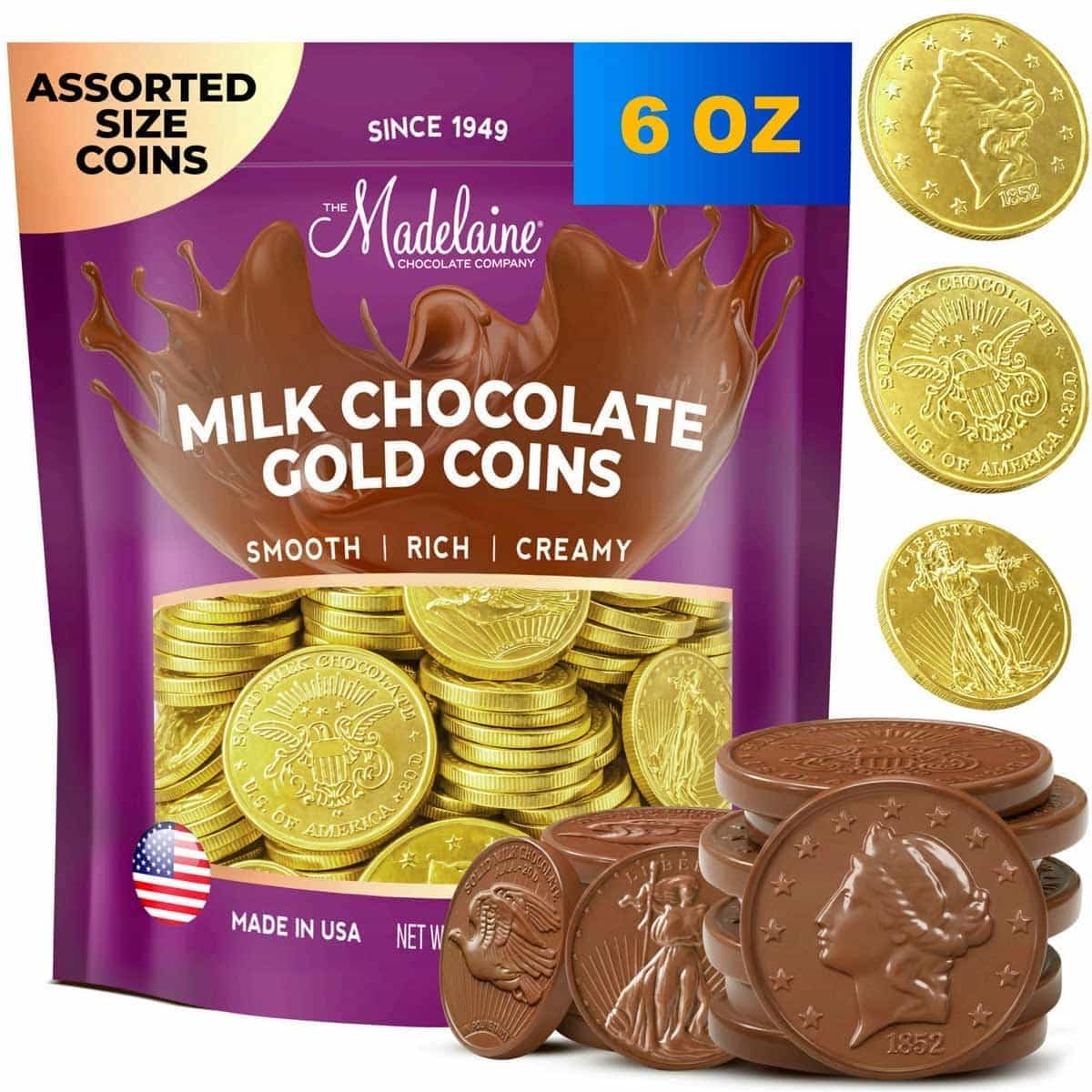 Madelaine Gold Chocolate Coins Christmas Candy - 6 oz. About 30 Assorted Sizes Milk Chocolates Gold Coins - Individually Wrapped Candy Basket Fillers Holiday Treats & Party Favors