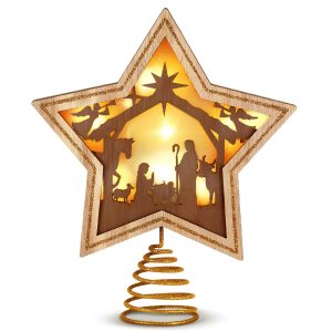 Craftsatin Nativity Star Christmas Tree Topper Star, Wooden Warm LED Lights