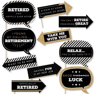 Funny Happy Retirement Party Photo Booth Prop Kit, DIY Setup - 10pc