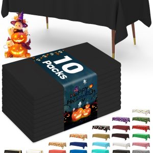 Pureegg Plastic Table Cloth Disposable 10 Pack, 54 x 108 Inch Table Cloths, Halloween Party Decorations, Summerween Decor, Halloween Tablecloths, Rectangle, Plastic Cover, Leakproof & Sturdy, Black