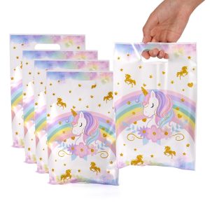 50 Pcs Unicorn Party Favor Bags with Handles - Plastic Treat Bags for Candy & Small Gifts, Bulk Supplies for Wedding Baby Shower Goodie Bags, Holiday Gift Bags for Thanksgiving Halloween Christmas New