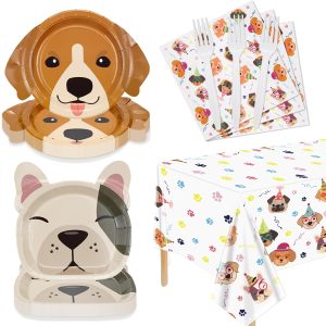 81 Pcs Dog Party Decorations - Including Plates, Napkins, Puppy Tablecloth, Black Plastic Forks for Kids Puppy Dog Themed Birthday Party Supplies, Serve 20