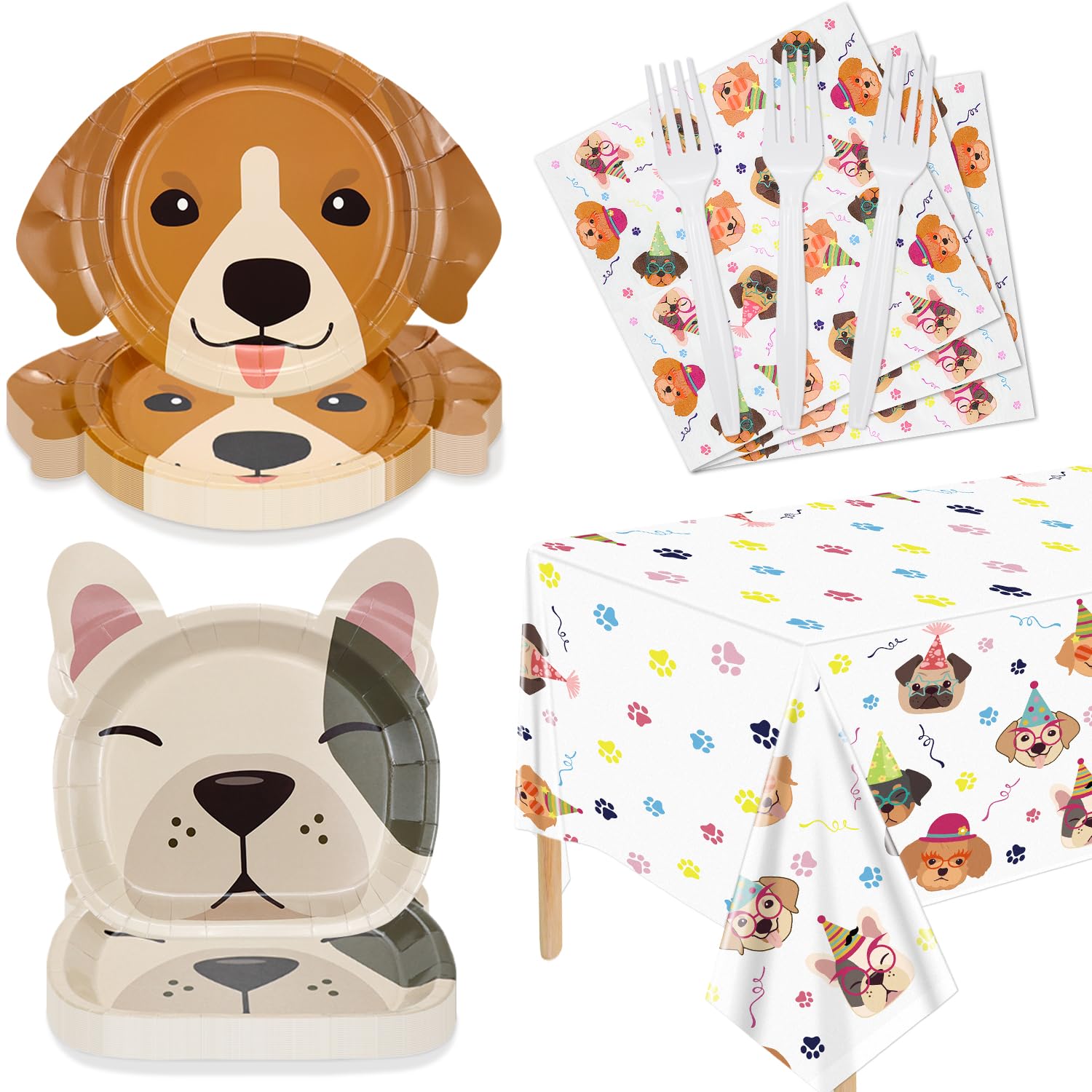 81 Pcs Dog Party Decorations - Including Plates, Napkins, Puppy Tablecloth, Black Plastic Forks for Kids Puppy Dog Themed Birthday Party Supplies, Serve 20