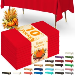 Pureegg Plastic Table Cloth Disposable 10 Pack, 54 x 108 Inch Table Cloths, Valentines Day, Thanksgiving, Christmas Decorations, Fall Tablecloths, Rectangle, Plastic Cover, Leakproof & Sturdy, Red