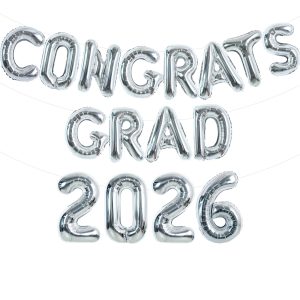 TONIFUL Graduation Balloons 16 Inch Silver Congrats Grad Balloons 16 Inch Silver 2026 Number Foil Balloons for 2026 Graduation Party Graduate Congratulations 2026 Congrats Grad Decorations