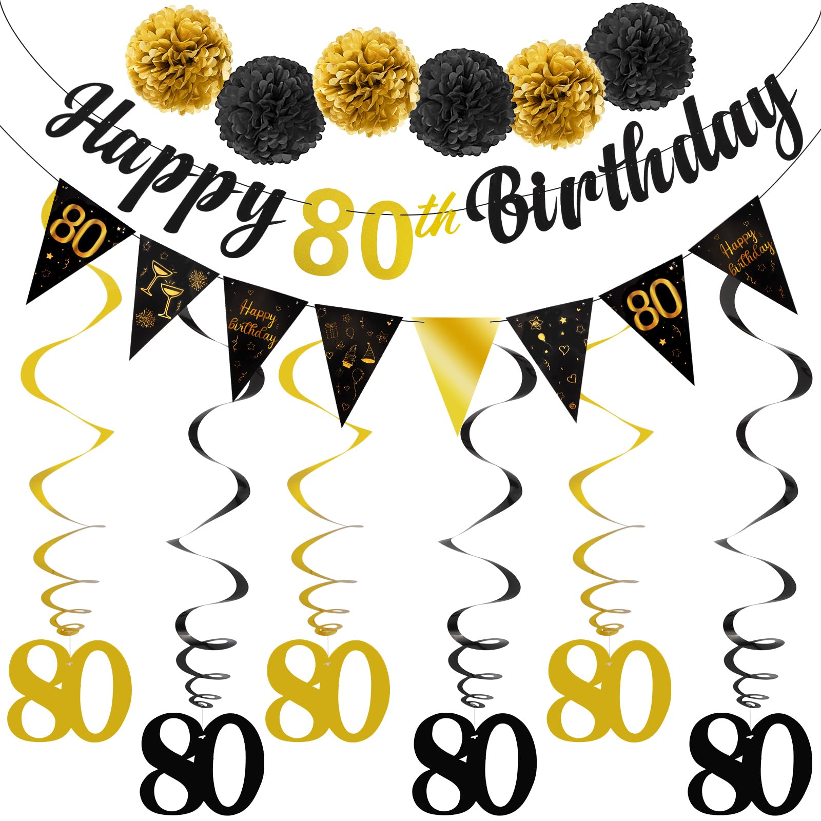 TOBATOBA 80th Birthday Decorations Kit for Men Women, Black Gold Happy 80th Birthday Banner, Triangle Flag Banner 80th Birthday Party Decorations, Swirl Streamers Paper Pompoms Party Supplies
