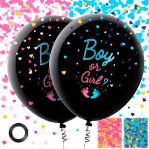 2 Pcs Black Gender Reveal Balloons, 36 Inch Giant Boy or Girl Balloon with Pink and Blue Heart Shape Confetti for Baby Shower Gender Reveal Party Supplies