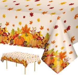 2 Pcs Thanksgiving Tablecloth Plastic - Disposable Fall Table Cloths, Autumn Rectangle Pumpkin Maple Leaf Table Cover for Happy Thanksgiving Day Tables Decorations Party Supplies Favors, 54x108 Inch