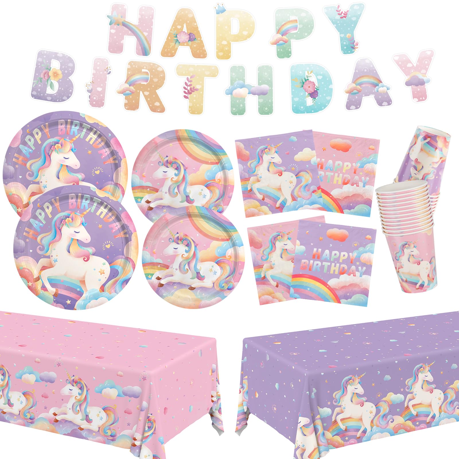Unicorn Birthday Decorations Kit for Girl 24 Guests - for Unicorn Decorations, Includes Dinner & Dessert Plates, Napkins, Cups, Banner and Tablecloth for 1st Birthday Party Decorations