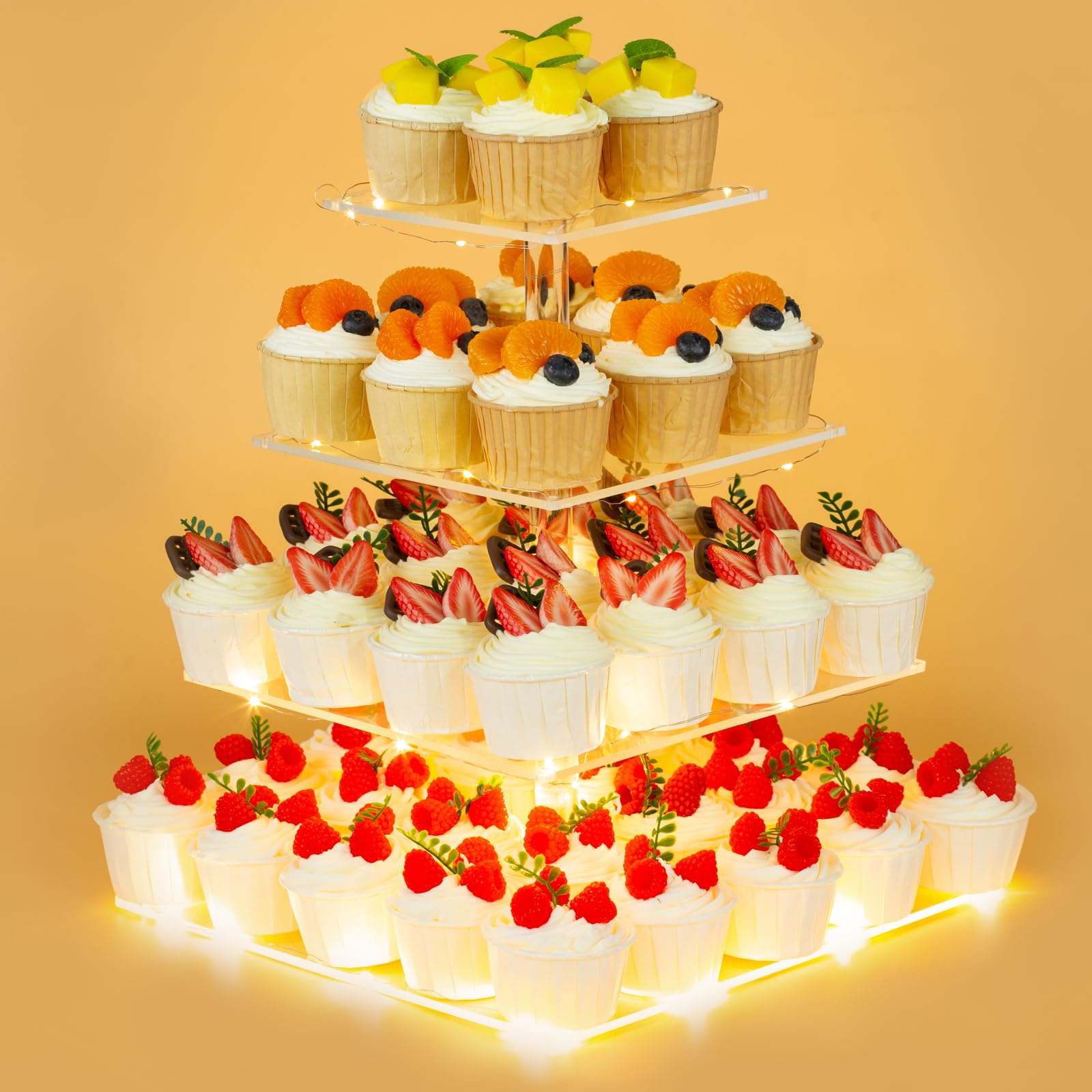 4 Tier Cupcake Stand Cupcake Holder with LED, Acrylic Square Cupcake Tower