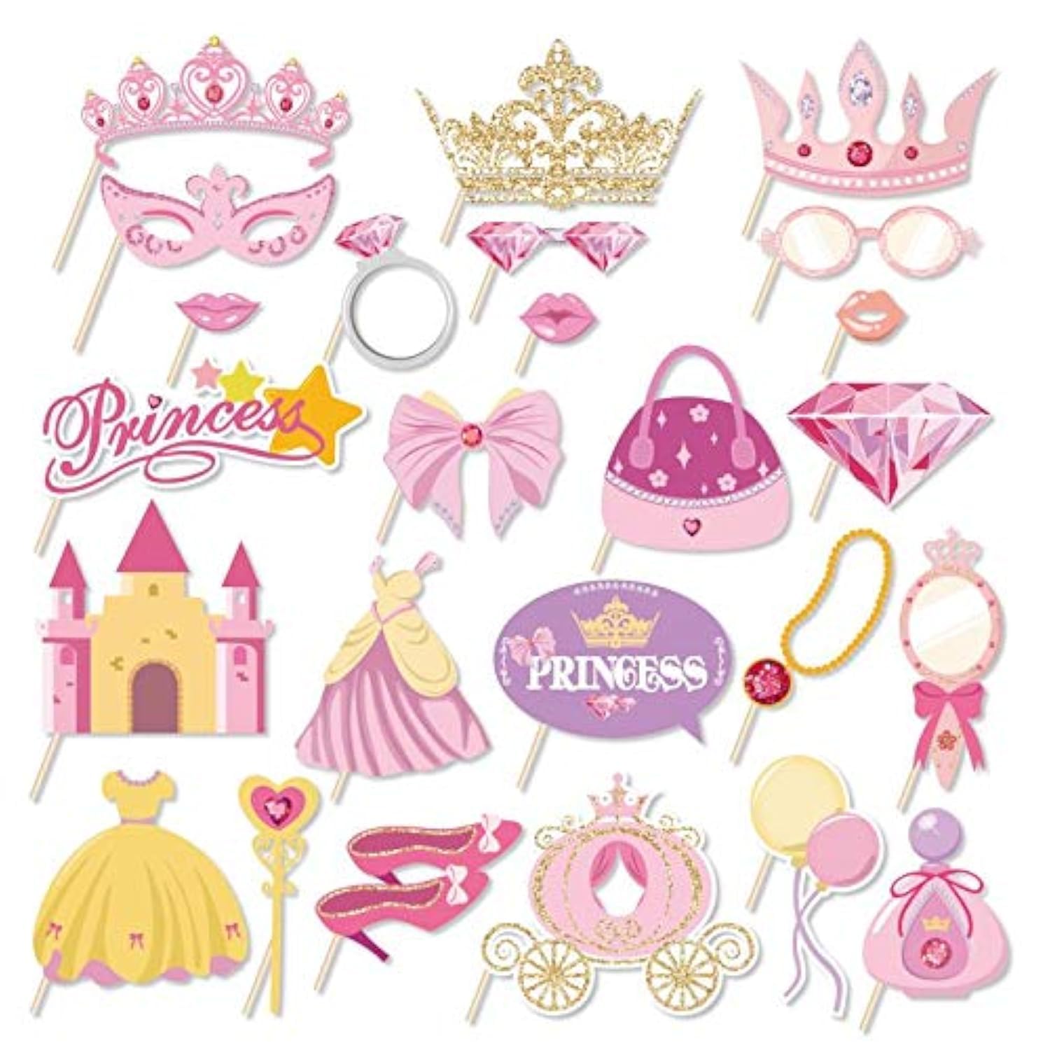 Kristin Paradise 25Pcs Princess Photo Booth Props with Stick, Cinderella Theme Selfie Props, Little Royal Queen Birthday Party Supplies, Fairytale Photography Backdrop Decorations