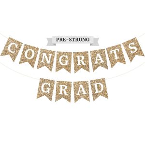 Pre-Strung Congrats Grad Banner - Gold Glitter Graduation Party Banner