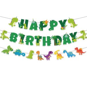 Neyeidru Dinosaur Happy Birthday Banner - Cute Cartoon Dino Party Decor