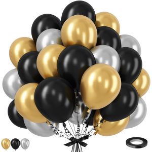 Black and Gold Balloons Set, 12 Inch Black Gold Silver Balloon New Year Eve Party Decoration Black Silver Latex Balloons for New Year Party Birthday Wedding Graduation Banquet Father's Day Decoration
