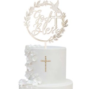 1 PCS God Bless and Cross Cake Topper with Dove Wooden God Bless Cake Pick First Communion Cake Decoration for Christening Religious Baptism Baby Shower Birthday Party Cake Decorations Supplies