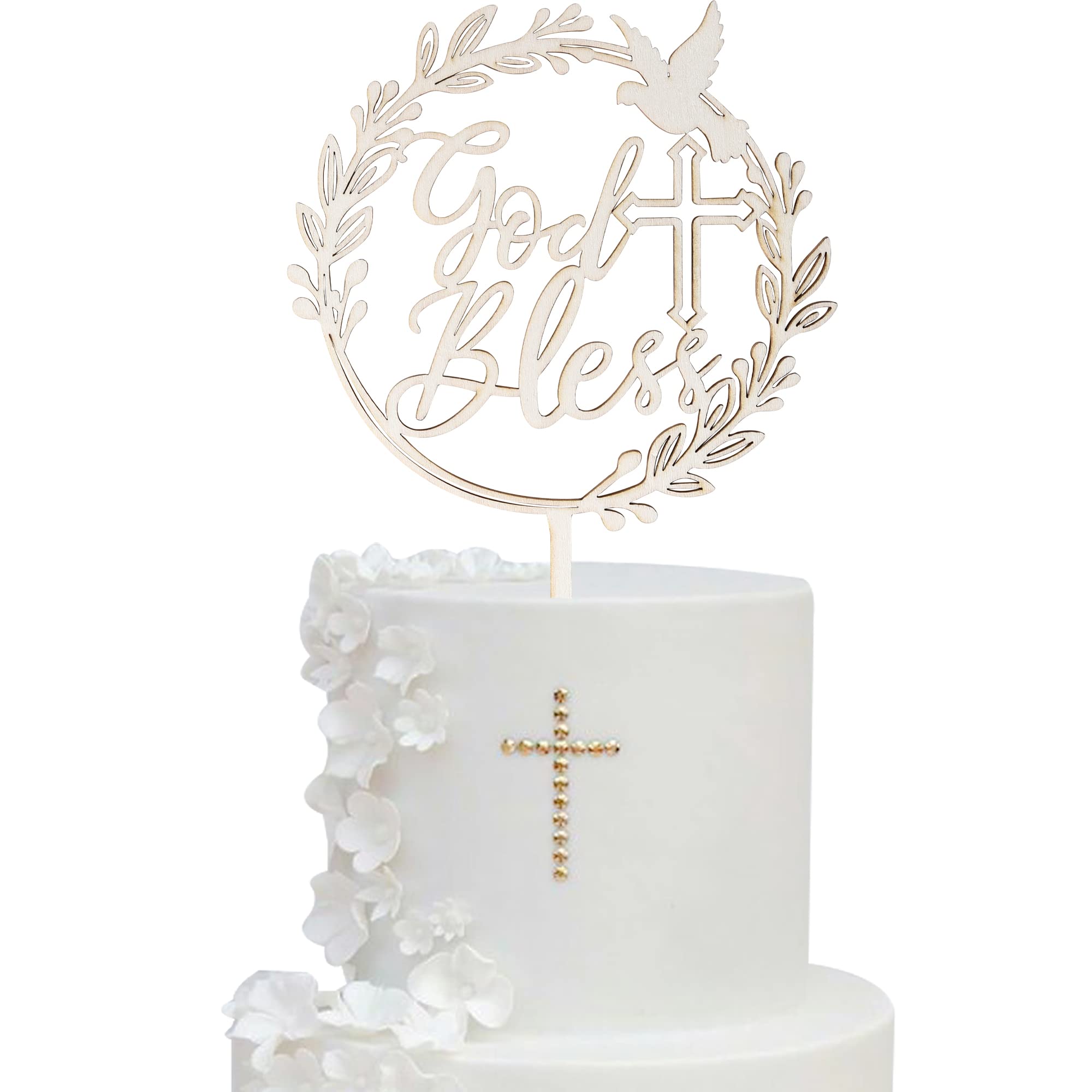 1 PCS God Bless and Cross Cake Topper with Dove Wooden God Bless Cake Pick First Communion Cake Decoration for Christening Religious Baptism Baby Shower Birthday Party Cake Decorations Supplies