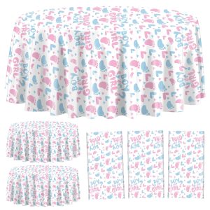 XJLANTTE 3 Pcs Gender Reveal Party Tablecloths, Boy or Girl Birthday Table Covers, Round Pink and Blue Table Cloths for Gender Reveal Boy or Girl Baby Shower Party Supplies, 84 x 84 Inch
