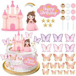 Hooqict 33PCS Princess Cake Decorations Set with Butterflies, Balls, Castle Cake Toppers & Cupcake Toppers for Girls Princess Birthday Party Decorations Tea Party Supplies