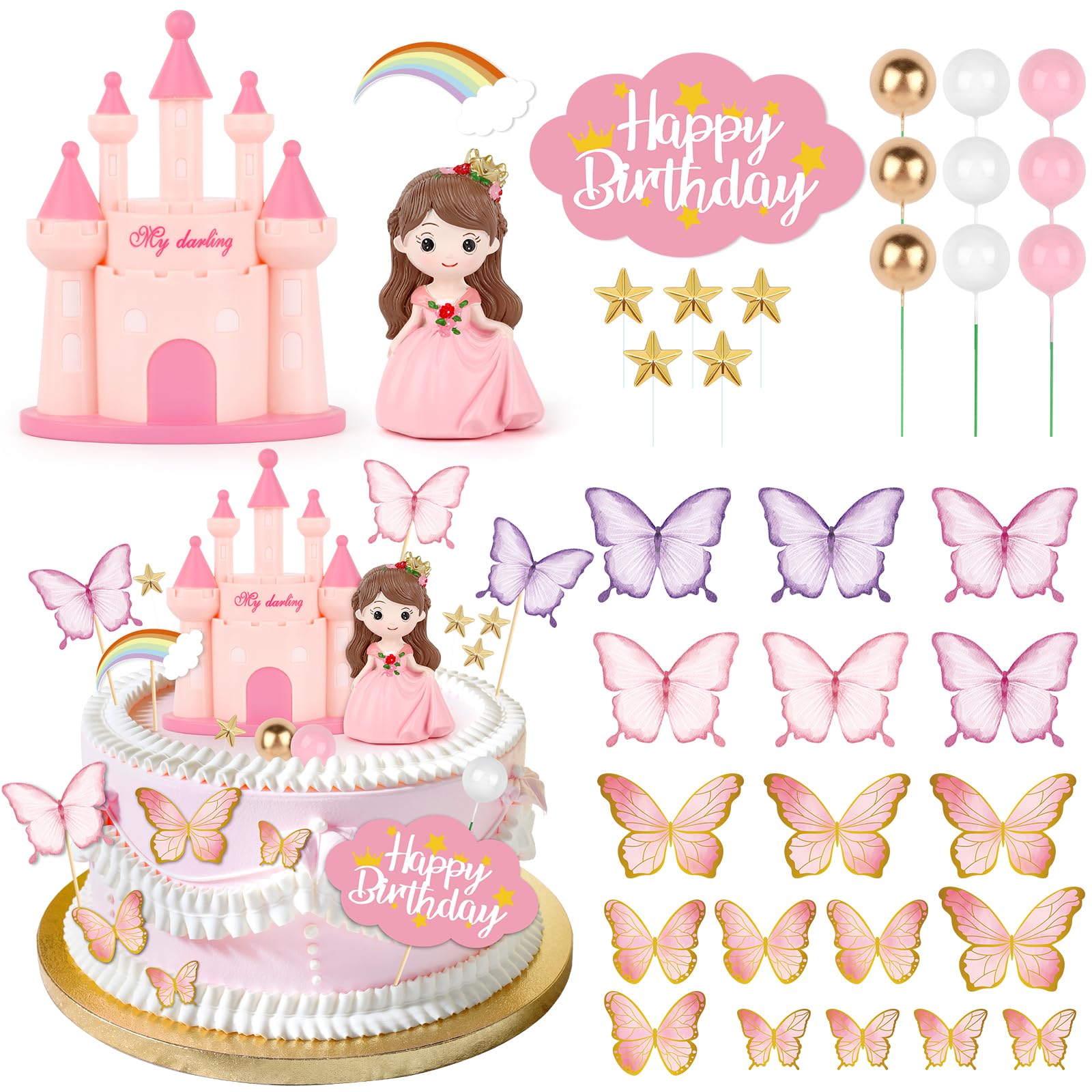 Hooqict 33PCS Princess Cake Decorations Set with Butterflies, Balls, Castle Cake Toppers & Cupcake Toppers for Girls Princess Birthday Party Decorations Tea Party Supplies