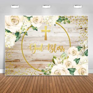 Sensfun God Bless Backdrop Rustic Wood White Floral Newborn Baby Shower Photography Background First Holy Communion Baptism Backdrops for Christening Party Decoration Banner Photo Booth Props 10x6.5ft