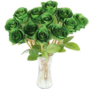 Hananona Artificial Roses Flowers for St. Patrick's Day,12 Pcs Silk Green Rose Bouquet for Spring Home Decoration, Green Faux Roses for Wedding