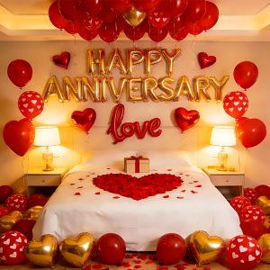 Happy Anniversary Balloons Kit Red Gold Balloon with Heart Shaped, Love Foil Balloons and 1000 Pieces Rose Petals for Anniversary Valentine's Day Proposals Decorations