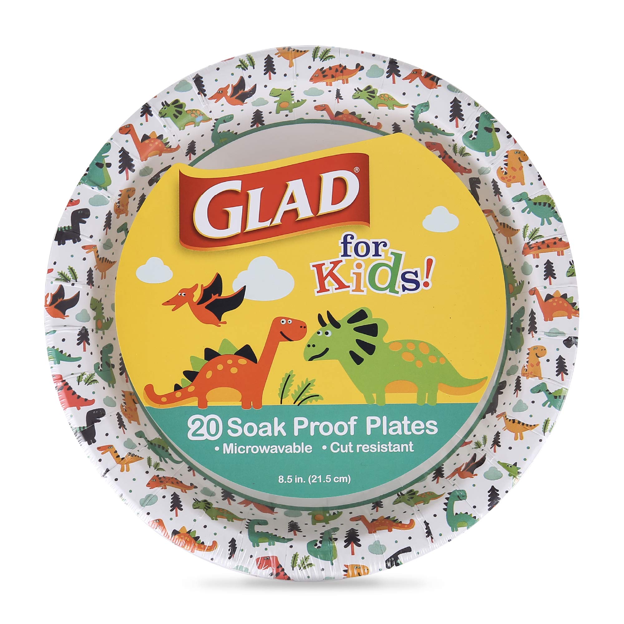 Glad for Kids Dinosaur Paper Plates, 8.5 Inch, Soak Proof, 20 Count