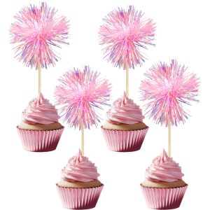 Gyufise 30Pcs Foil Firework Cupcake Toppers Sparkle Tinsel Cake Toppers Tinsel Drink Cake Decoration Cocktail Picks for Birthday Wedding Graduation Party Supplies Dark Pink