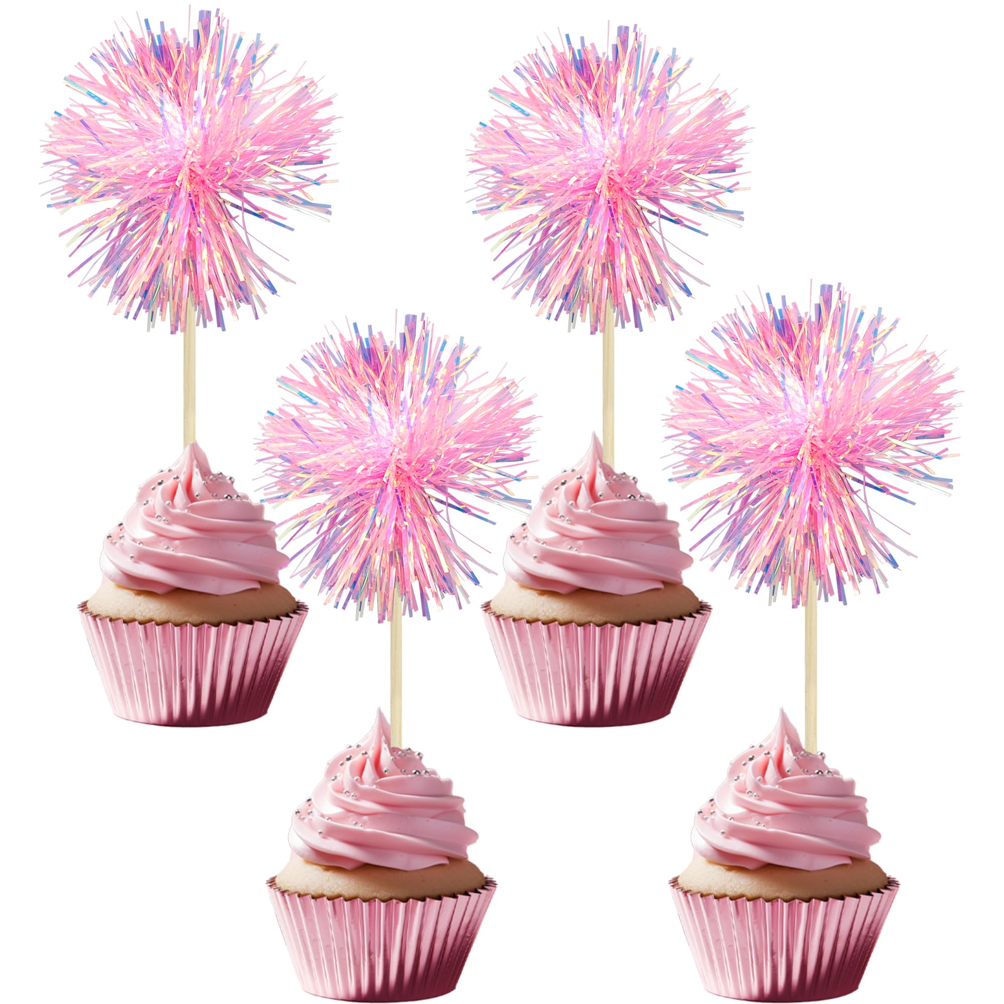 Gyufise 30Pcs Foil Firework Cupcake Toppers Sparkle Tinsel Cake Toppers Tinsel Drink Cake Decoration Cocktail Picks for Birthday Wedding Graduation Party Supplies Dark Pink