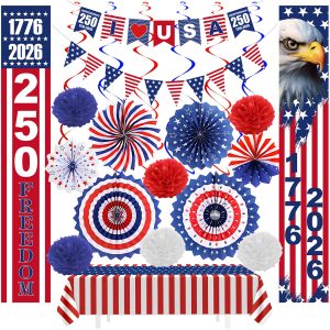 250th Anniversary Party 4th of july Decorations Set, 29 PCS Red White Blue Patriotic Decor with Paper Fans, Pom Poms, Tablecloth, Hanging Swirls and Door Banners