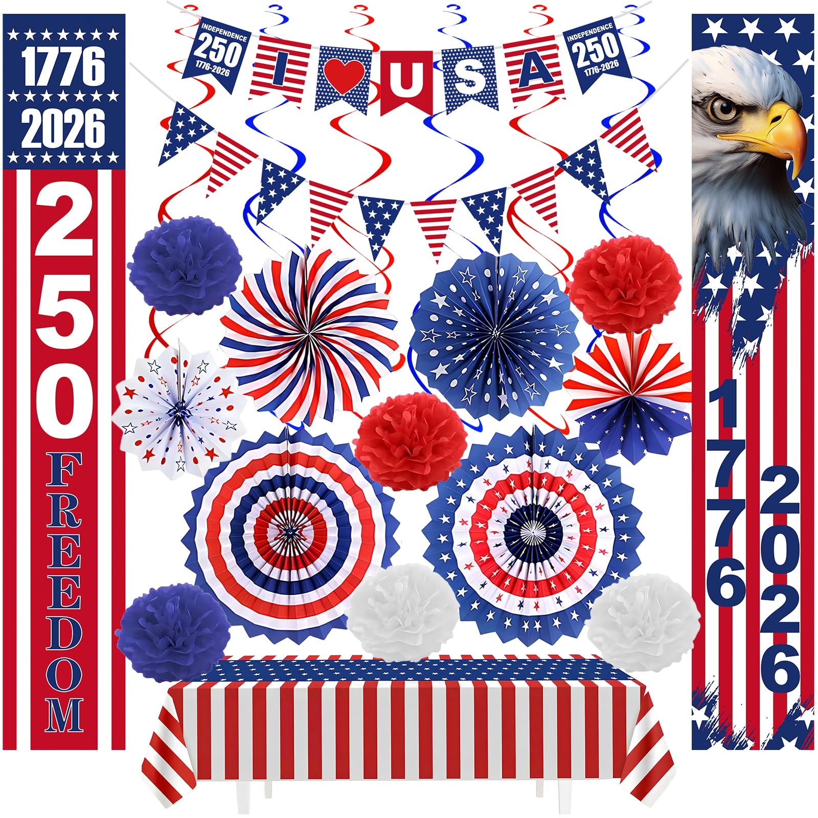 250th Anniversary Party 4th of july Decorations Set, 29 PCS Red White Blue Patriotic Decor with Paper Fans, Pom Poms, Tablecloth, Hanging Swirls and Door Banners