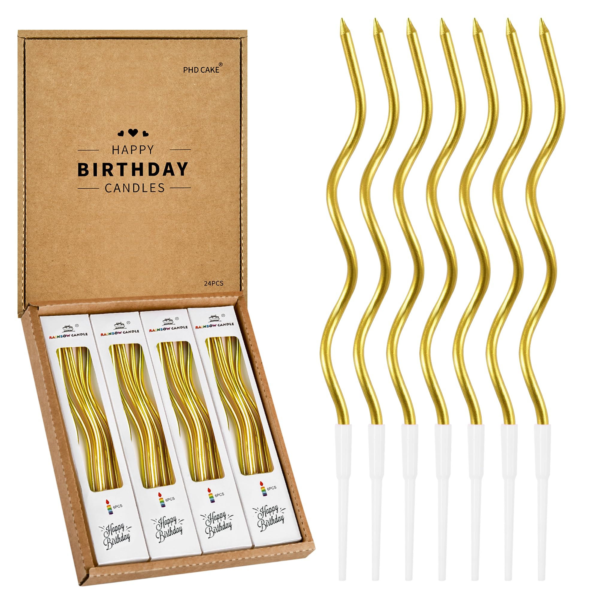 PHD CAKE 24-Count Gold Spiral Long Thin Metallic Birthday Candles, Cake Candles, Birthday Parties, Wedding Decorations, Party Candles