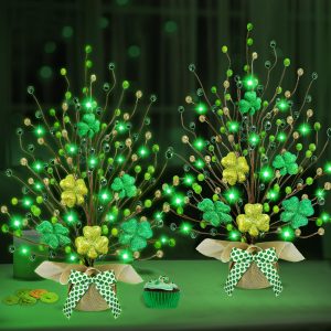 St. Patrick's Day Decorations, 2 Pack 18 Inch Lighted St. Patrick's Day Tree Tabletop 20 Green Lights Timer Battery Operated 6 Shamrocks 108 Berries Artificial Tree St. Patrick's Day Decor Home Party
