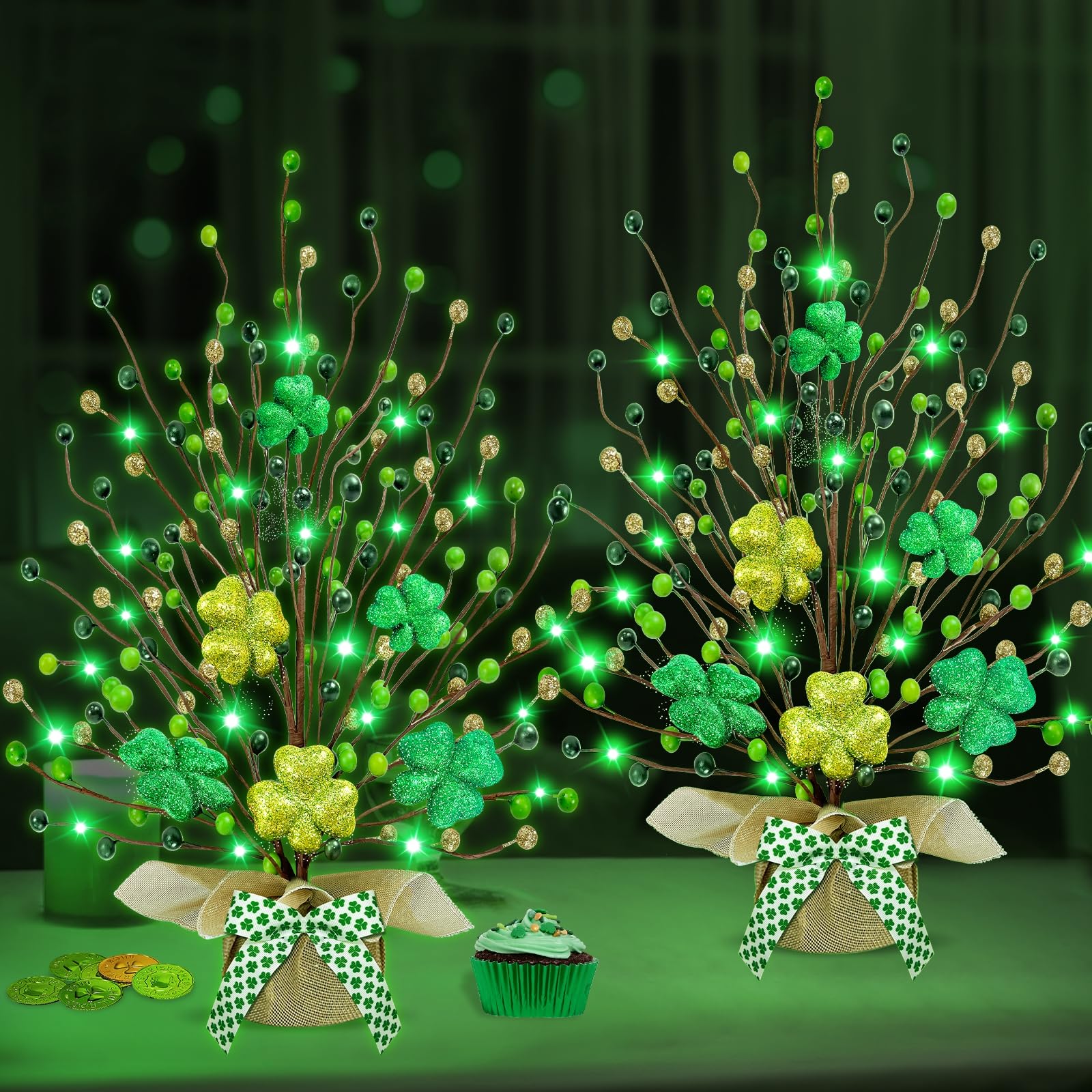 St. Patrick's Day Decorations, 2 Pack 18 Inch Lighted St. Patrick's Day Tree Tabletop 20 Green Lights Timer Battery Operated 6 Shamrocks 108 Berries Artificial Tree St. Patrick's Day Decor Home Party