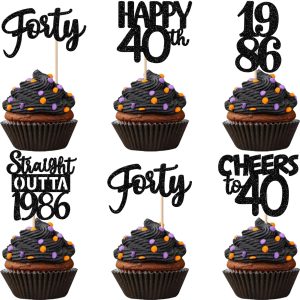 30PCS Black 40th Birthday Cupcake Toppers Glitter Forty Happy 40th Straight Outta 1986 Cupcake Picks for Cheers to 40 Years 40th Birthday Wedding Anniversary Party Decorations Supplies