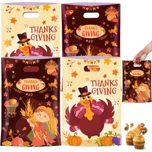 MOSHAKALA 40 Pcs Thanksgiving Treat Bags with Handles - Goodie Bags, Cute turkey Plastic Candy Bags for Party Favors Supplies (Thanksgiving)