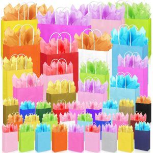 KEEPARTY 84 PCS Assorted Sizes Gift Bags with Handles 42 Gift Bags 4 Sizes 20 Colors 42 Tissue Papers 6 Color for Birthday Bridal Shower Christmas Party