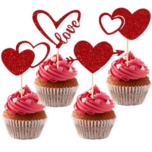 Valentines Cupcake Toppers, 24 PCS Glitter Red Heart Cupcake Picks, Valentines Cake Decorations Heart Love Food Picks Cupcakes Toppers for Valentine's Day Party Decorations Supplies