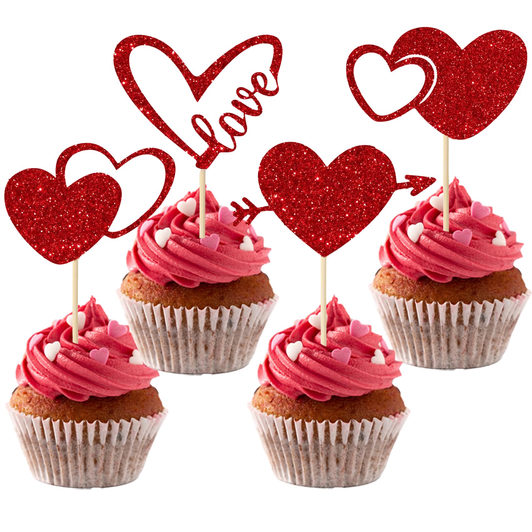 Valentines Cupcake Toppers, 24 PCS Glitter Red Heart Cupcake Picks, Valentines Cake Decorations Heart Love Food Picks Cupcakes Toppers for Valentine's Day Party Decorations Supplies