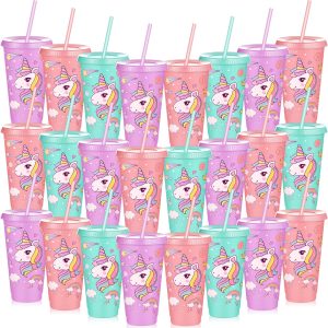 Uiifan 24 Pcs Unicorn Party Favor Cups with Lids and Straws