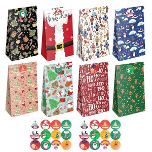 JWSCYSY 24Pcs Christmas Treat Bags, Small Goodie Bags with Stickers, Xmas Mini for Holiday Gifts Wrapping Party Favors.