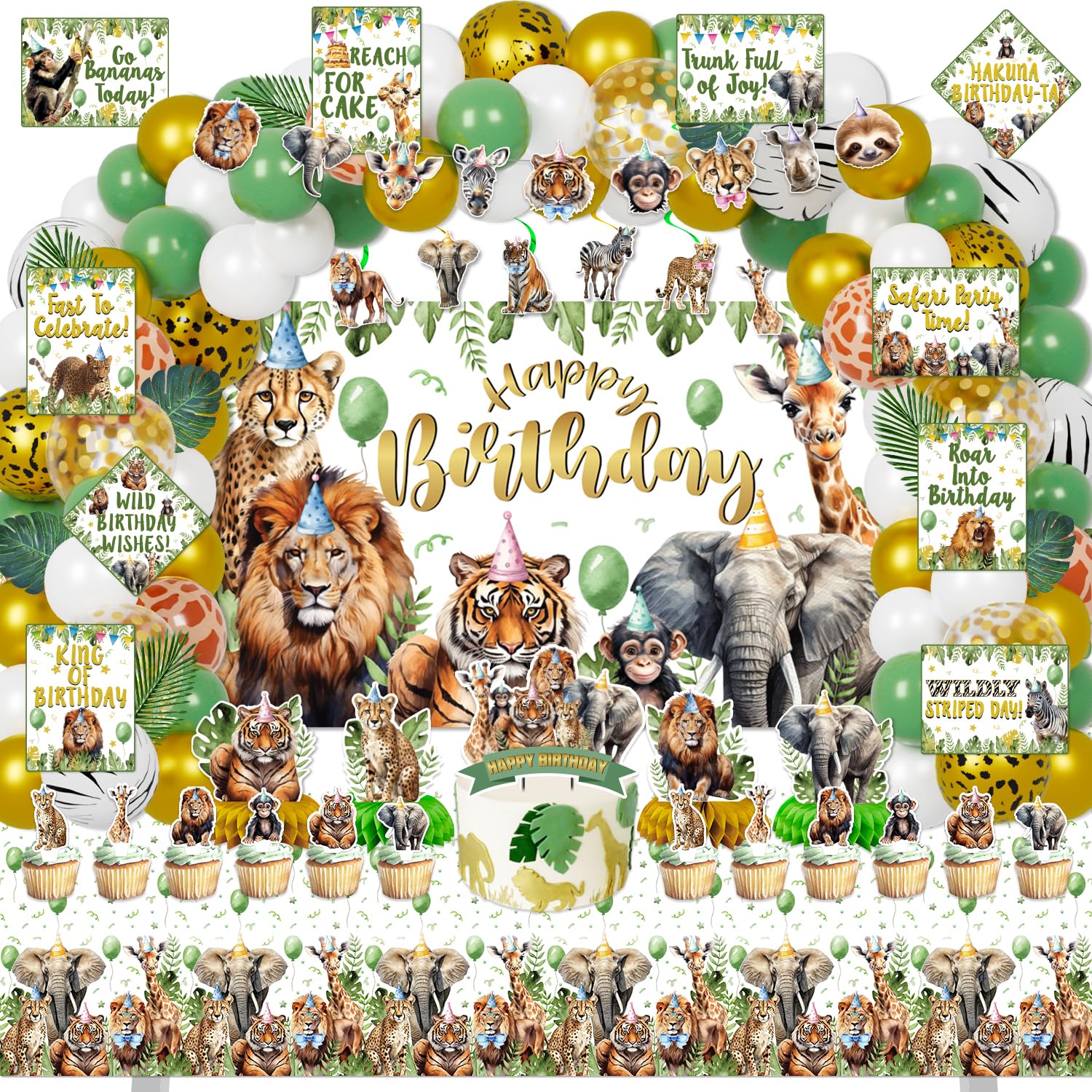 Mpanwen Safari Birthday Decorations, 140Pcs Zoo Jungle Animal Theme Party Decorations Supplies for Baby - Backdrop, Banner, Cake, Cupcake Toppers, Palm Leaves, Tablecloth, Hanging Swirls, Wall Signs