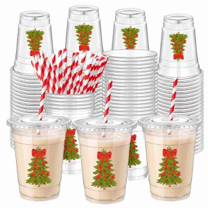 FillTouch 50 Pack Red Christmas Tree Disposable Cups 16 oz with Lids Straws