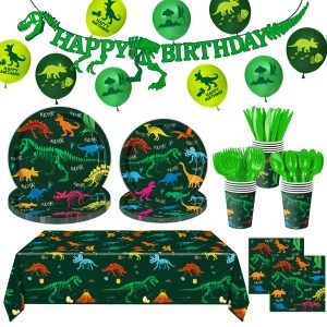 166 PCS Dinosaur Birthday Decorations, Dinosaur Party Supplies Includes Plates, Cups, Napkins, Cutlery, Banner, Tablecloth, Balloons for Dino Party Decorations, Serves 20