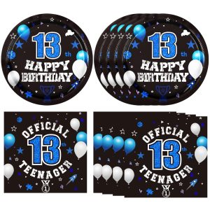 40PCS 13th Birthday Decorations for Boys 13th Birthday Plates and Napkins Set Disposable Blue Thirteen Birthday Tableware for Kids Teenager Party Supplies Favors Serves 20