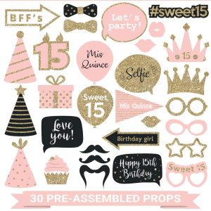 Fully Assembled 15th Birthday Quinceanera Photo Booth Props - Set of 30