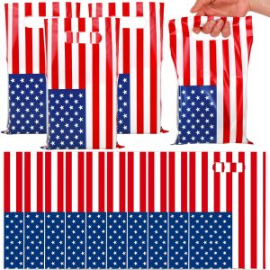 Whaline 50 Pcs 4th of July Party Favor Bags Patriotic Plastic Treat Bags with Handles USA Flag Decorative Goodie Candy Bag for 250th Anniversary Independence Day Birthday Party Gift Wrapping Supplies