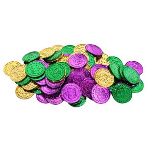 Beistle Mardi Gras Plastic Coins, 100 Pieces – Green, Gold & Purple New Orleans Street Celebration Party Handouts, Themed Parade Supplies, Birthday Table Centerpiece Decorations