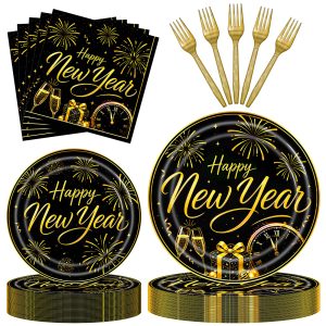 96 Pieces Happy New Year Party Tableware Set – Black Gold Disposable 9 Inch and 7 Inch Plates, Napkins and Gold Forks for New Year's Eve Countdown Celebration – Serves 24 Guests